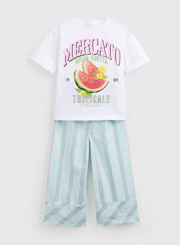 White Watermelon Print T-Shirt & Striped Trousers Set 10 years